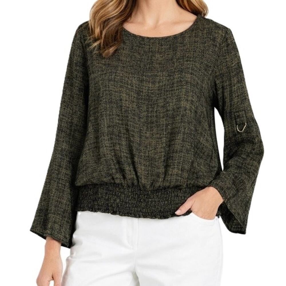 Michael Kors Top Pullover Top Olive Green Black Long Sleeve Satin Womens Medium